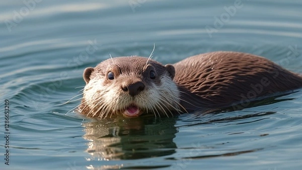 Fototapeta A curious otter swims in water, mouth open, with eyes wide.