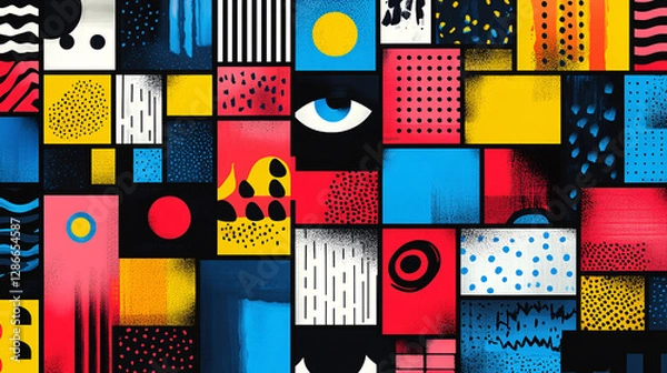 Fototapeta A vibrant poster with multicolored squares, each containing bold icons and abstract patterns for a modern design