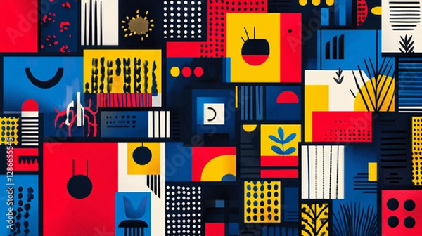 Fototapeta A vibrant poster with multicolored squares, each containing bold icons and abstract patterns for a modern design