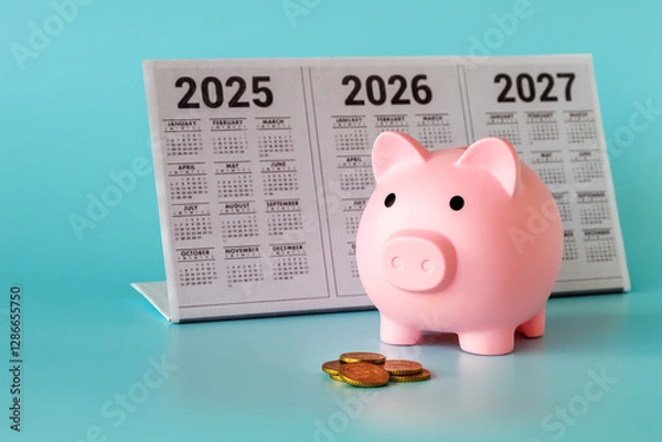 Fototapeta A piggy bank in the form of a pink pig, a desktop calendar for 2025-2027 and a pile of coins on a light blue background. The concept of long-term investments.