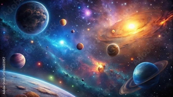 Fototapeta Starry Night Sky with Galaxies and Planets, cosmic landscape, night sky,  cosmic landscape