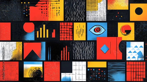 Fototapeta A vibrant poster with multicolored squares, each containing bold icons and abstract patterns for a modern design