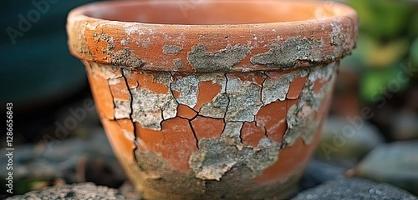 Fototapeta A close-up of a cracked clay pot in a garden, illustrating the effects of drought on gardening,