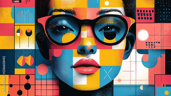 Fototapeta Bright and playful poster with a mix of pastel and bold-colored squares, each showcasing creative symbols or graphics