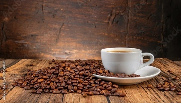 Fototapeta 원목 테이블 위에 커피잔과 주변에 원두들이 흩어져 있는 장면