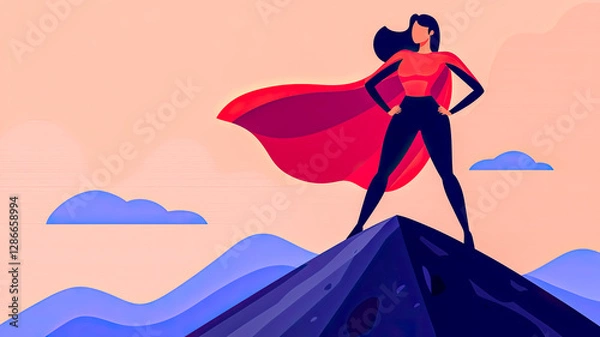 Fototapeta A confident woman superhero stands triumphantly on a mountain peak, wearing a red cape, symbolizing strength and empowerment against a colorful sky.