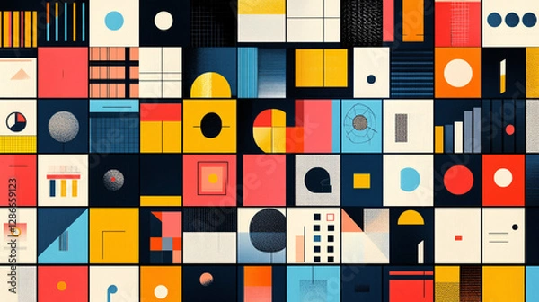 Fototapeta Bright and playful poster with a mix of pastel and bold-colored squares, each showcasing creative symbols or graphics