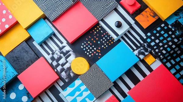 Fototapeta Bright and playful poster with a mix of pastel and bold-colored squares, each showcasing creative symbols or graphics
