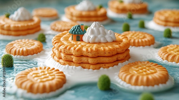 Fototapeta Depicting a magical world with cookie hills and a little house