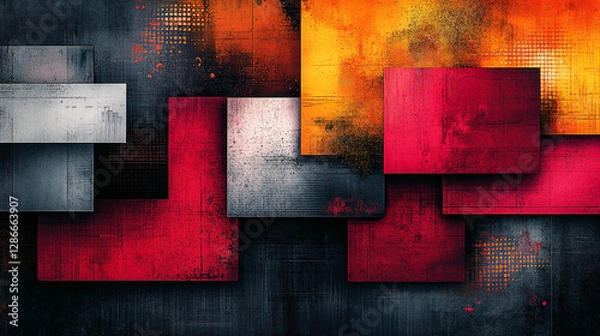 Fototapeta Eye-catching geometric poster with multicolored squares, each filled with artistic brush strokes, patterns, or futuristic elements