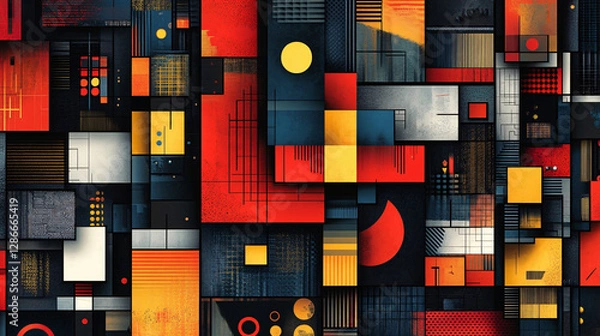 Fototapeta Colorful geometric poster with square shapes, each filled with unique symbols, gradients, and artistic textures