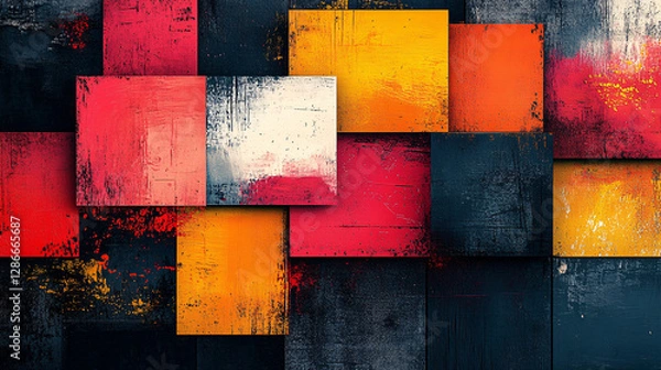 Fototapeta Eye-catching geometric poster with multicolored squares, each filled with artistic brush strokes, patterns, or futuristic elements