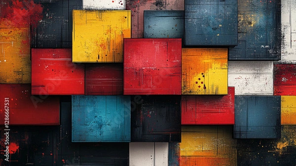 Fototapeta Eye-catching geometric poster with multicolored squares, each filled with artistic brush strokes, patterns, or futuristic elements