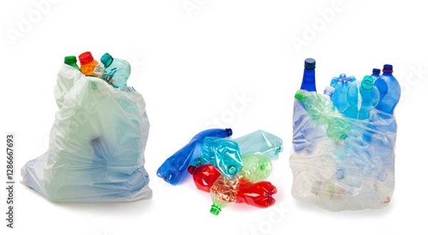 Fototapeta Garbage bags  with plastic bottles