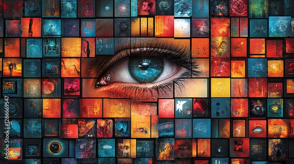 Fototapeta Eye-catching poster with a grid of colorful squares, each containing futuristic icons, typography, or artistic designs