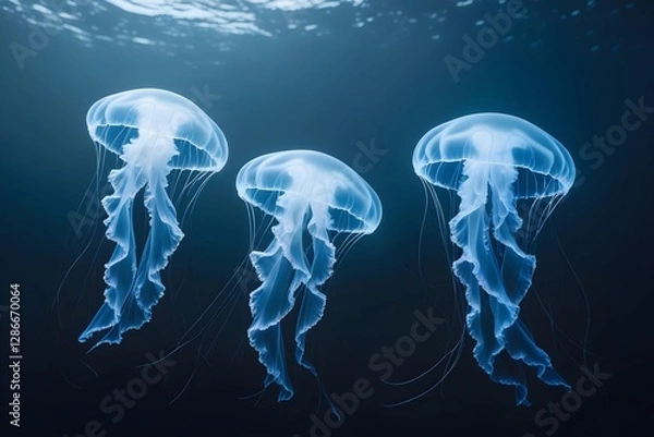 Fototapeta A few glowing jellyfish drifting in a dark ocean with a soft gradient, giving a dreamlike feel