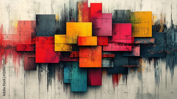 Fototapeta Eye-catching geometric poster with multicolored squares, each filled with artistic brush strokes, patterns, or futuristic elements