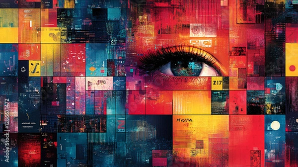 Fototapeta Eye-catching poster with a grid of colorful squares, each containing futuristic icons, typography, or artistic designs