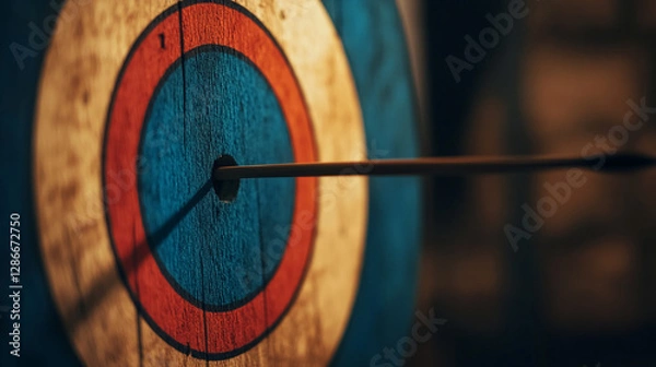 Obraz Close-up of an arrow embedded in the center of a target with blue, red, and white rings, symbolizing focus, accuracy, and precision in archery or goal setting.