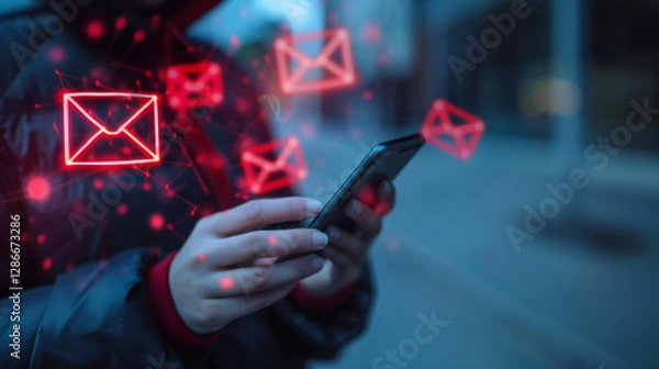 Fototapeta SMS spam, fake text message phishing from scammer concept, System hacked red warning alert, email hack, scam malware spreading virus on message alert virtual on mobile phone screen in person hand