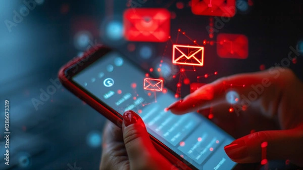 Fototapeta SMS spam, fake text message phishing from scammer concept, System hacked red warning alert, email hack, scam malware spreading virus on message alert virtual on mobile phone screen in person hand