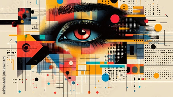 Fototapeta Eye-catching poster with a grid of colorful squares, each containing futuristic icons, typography, or artistic designs