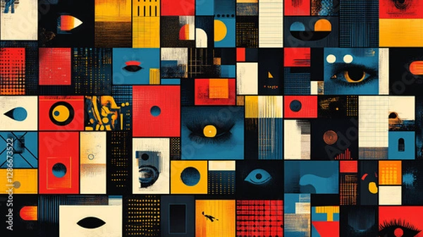 Fototapeta Eye-catching poster with a grid of colorful squares, each containing futuristic icons, typography, or artistic designs