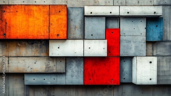 Fototapeta Abstract geometric concrete panels boldly arranged vibrant red orange gray white hues. AI Generated