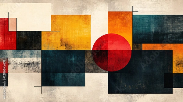 Fototapeta Modern abstract poster with overlapping squares, each showcasing different colors, textures, and minimalist symbols