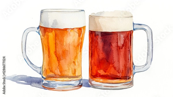 Fototapeta Two frosty mugs of beer, one light and one dark, showcasing the delightful variety of brews in a watercolor style.