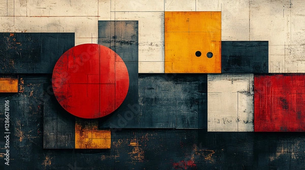 Fototapeta Modern abstract poster with overlapping squares, each showcasing different colors, textures, and minimalist symbols