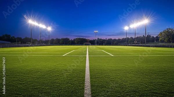Fototapeta Football stadium illuminated by floodlights. Vector realistic illustration of bright lamps shining over night soccer pitch with green grass, empty sport arena ready for competition or music show