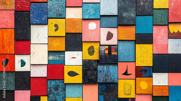 Fototapeta Modern poster featuring colorful squares arranged dynamically, each holding a unique illustration, icon, or texture
