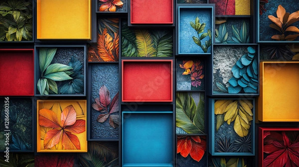 Fototapeta Modern poster featuring colorful squares arranged dynamically, each holding a unique illustration, icon, or texture