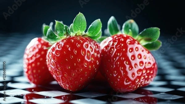 Obraz A vibrant display of fresh strawberries showcasing their glossy red skin and green leaves against a sleek black surface, emphasizing their natural beauty and freshness.