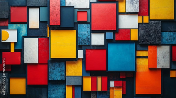 Fototapeta Modern poster featuring colorful squares arranged dynamically, each holding a unique illustration, icon, or texture