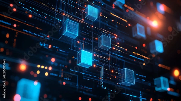 Fototapeta Abstract digital background with glowing cubes and interconnected lines, representing technology and data flow. vibrant colors create futuristic atmosphere