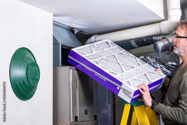 Obraz Home owner inserts a new clean filter into furnace