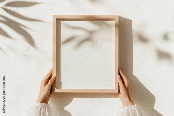 Obraz Picture frame held in hands on white background with leaf shadows. Empty frame in woman's hands
