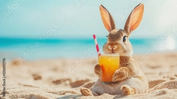 Fototapeta A cute rabbit relaxing on the beach, holding a glass of orange juice with a straw, enjoying a sunny day by the sea, Easter