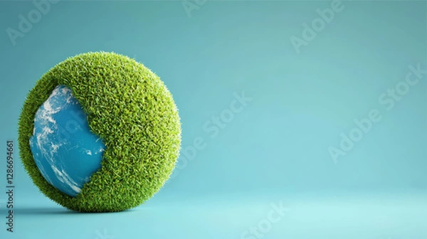 Fototapeta Sustainable Image Concept for Environmental Earth Day Awareness, 3D Rendered Earth Covered in Lush Grass, Copy Space for your text