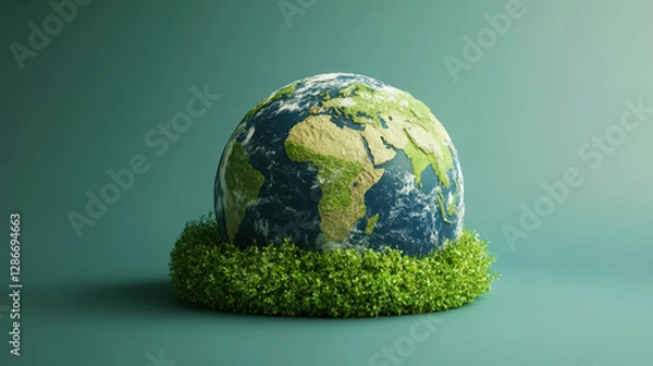 Fototapeta Earth 3D Model Sustained by Lush Greenery Against Green Background, Environmental Earth Day Concept