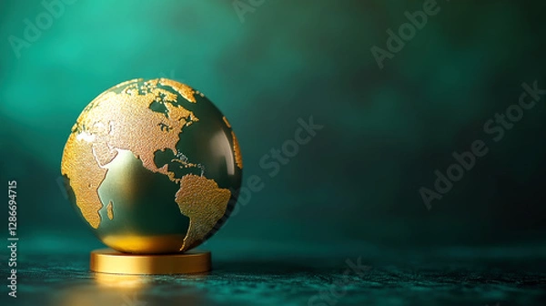 Fototapeta Golden Globe on Green Background, Elegant 3D Earth Representation for Environmental Concept, Copy Space