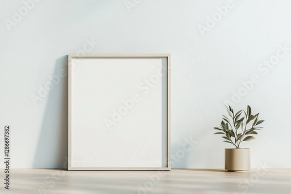 Fototapeta Framed empty canvas on the floor near the wall with plant in pot. Minimalist interior decor with blank canvas and houseplant. Modern home decoration with empty frame