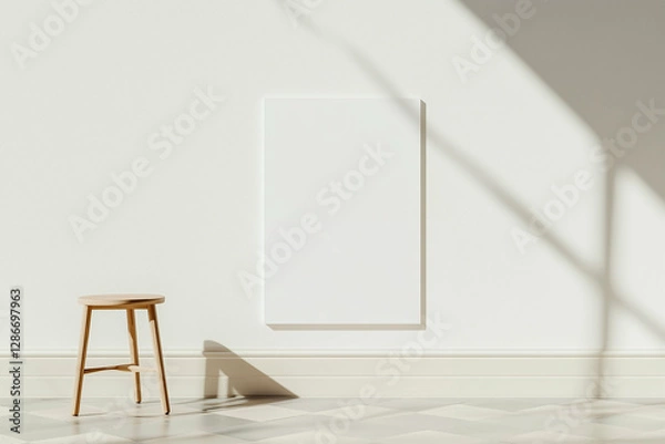 Obraz Stool near wall with blank canvas in interior. Minimalist interior design with wooden stool and white wall. Modern interior with stool and canvas
