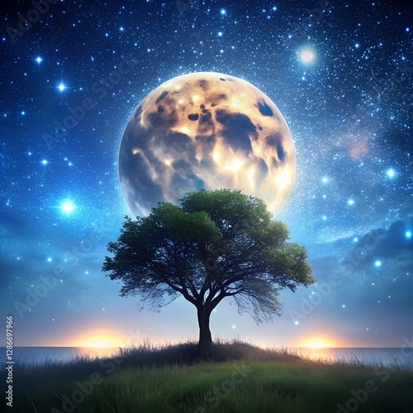 Fototapeta Lonely tree under a glowing full moon in a serene night sky with vibrant stars. Tranquil nature animation scene.
