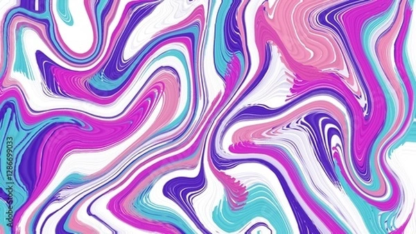 Fototapeta A mesmerizing abstract digital painting with fluid, swirling patterns in shades of purple, pink, cyan, and white, creating a dynamic and vibrant marbled effect.