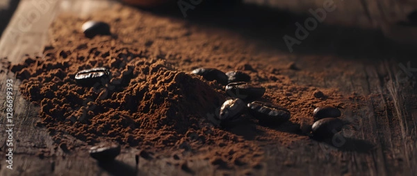 Fototapeta Coffee Ritual: Coffee beans and ground coffee creating a rich texture of the beverage. A rustic, earthy vibe that's both inviting and full of character.