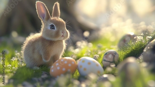 Fototapeta Adorable Bunny with Easter Egg: A charming springtime illustration featuring a cute bunny happily holding a colorful Easter egg. Perfect for Easter   
