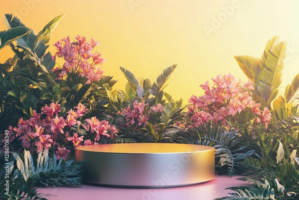 Obraz Vibrant pink flowers and tropical leaves framing an empty circular podium against a striking yellow background, perfect for beauty and summer-themed presentations